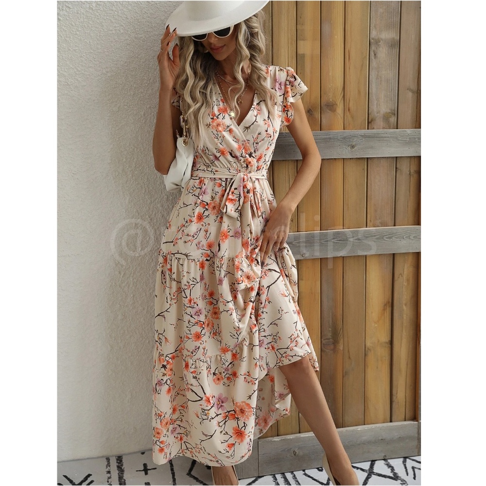 Floral Dress Surplice Overlapping V Neck Fit & Flare Maxi Long  Beige Tie Belt - Picture 3 of 9